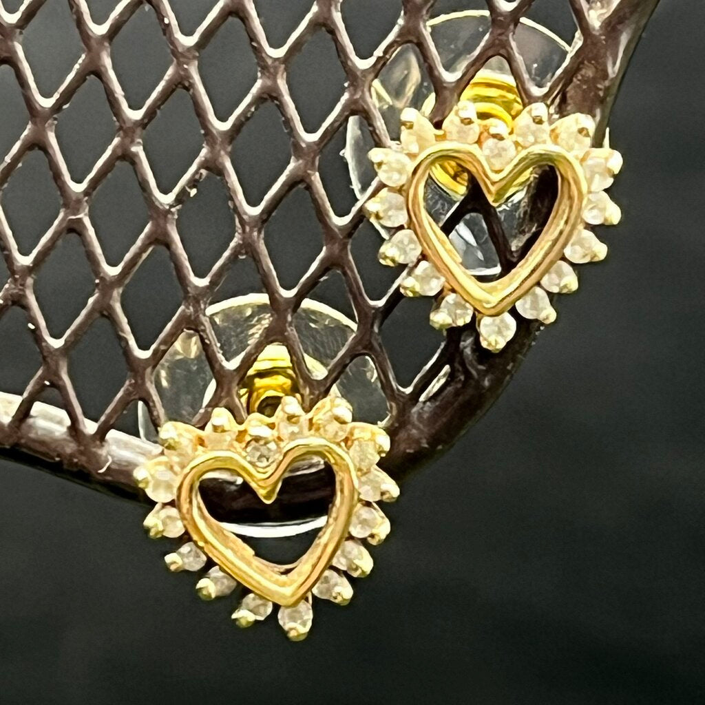 Earrings, 14K Yellow Gold, Diamonds, Heart Shaped, Backs Not Gold