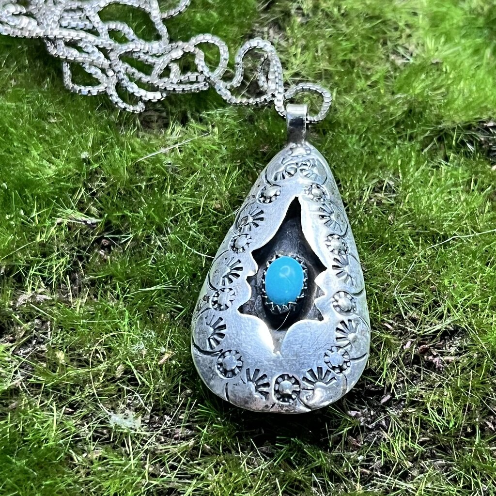 Necklace with Pendant, Sterling Silver with Turquoise, Native American, Unmarked, 30 Inch Box Chain