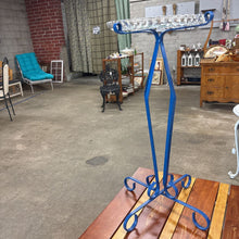 Load image into Gallery viewer, Blue Metal &amp; Pressed Glass Bird Bath
