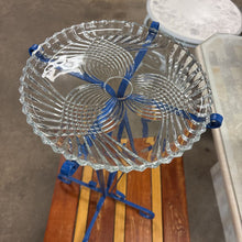 Load image into Gallery viewer, Blue Metal &amp; Pressed Glass Bird Bath
