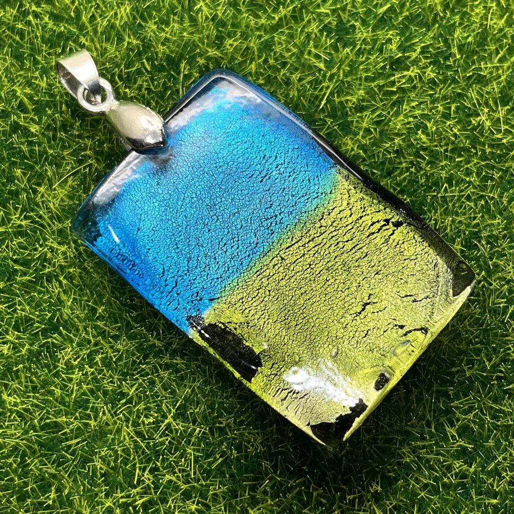 Pendant, Sterling Silver, Dichroic Glass, Blue and Yellow/Green
