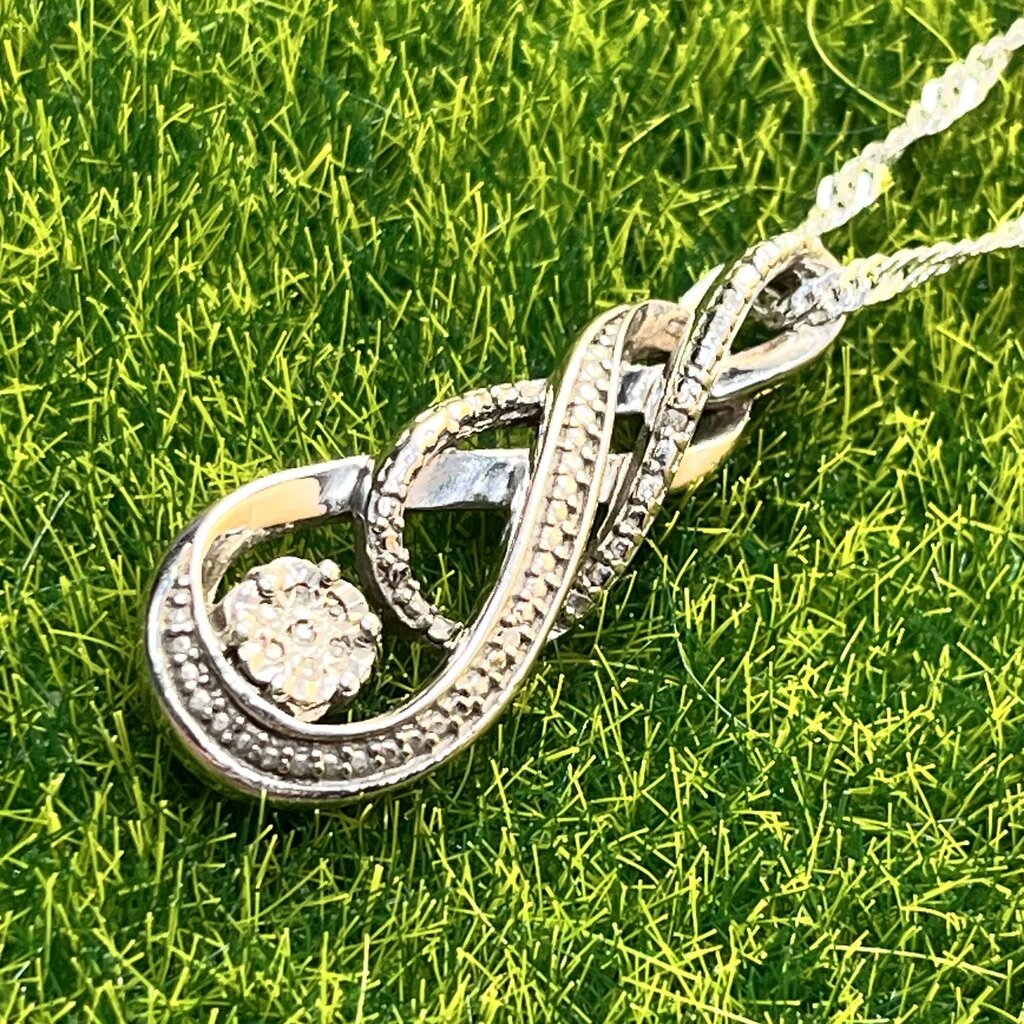 Necklace with Pendant, Sterling Silver, Infinity Loop with Clear Stones, 24 Inch Twisted Curb Chain