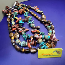 Load image into Gallery viewer, Necklace, Sterling Silver and Stone 3 Strand, Gurubachi, Tigers eye, Turquoise, Jaspar, Pearl, 18-20 inches
