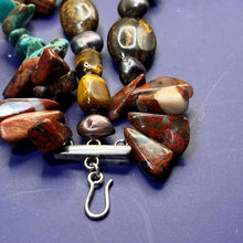 Load image into Gallery viewer, Necklace, Sterling Silver and Stone 3 Strand, Gurubachi, Tigers eye, Turquoise, Jaspar, Pearl, 18-20 inches
