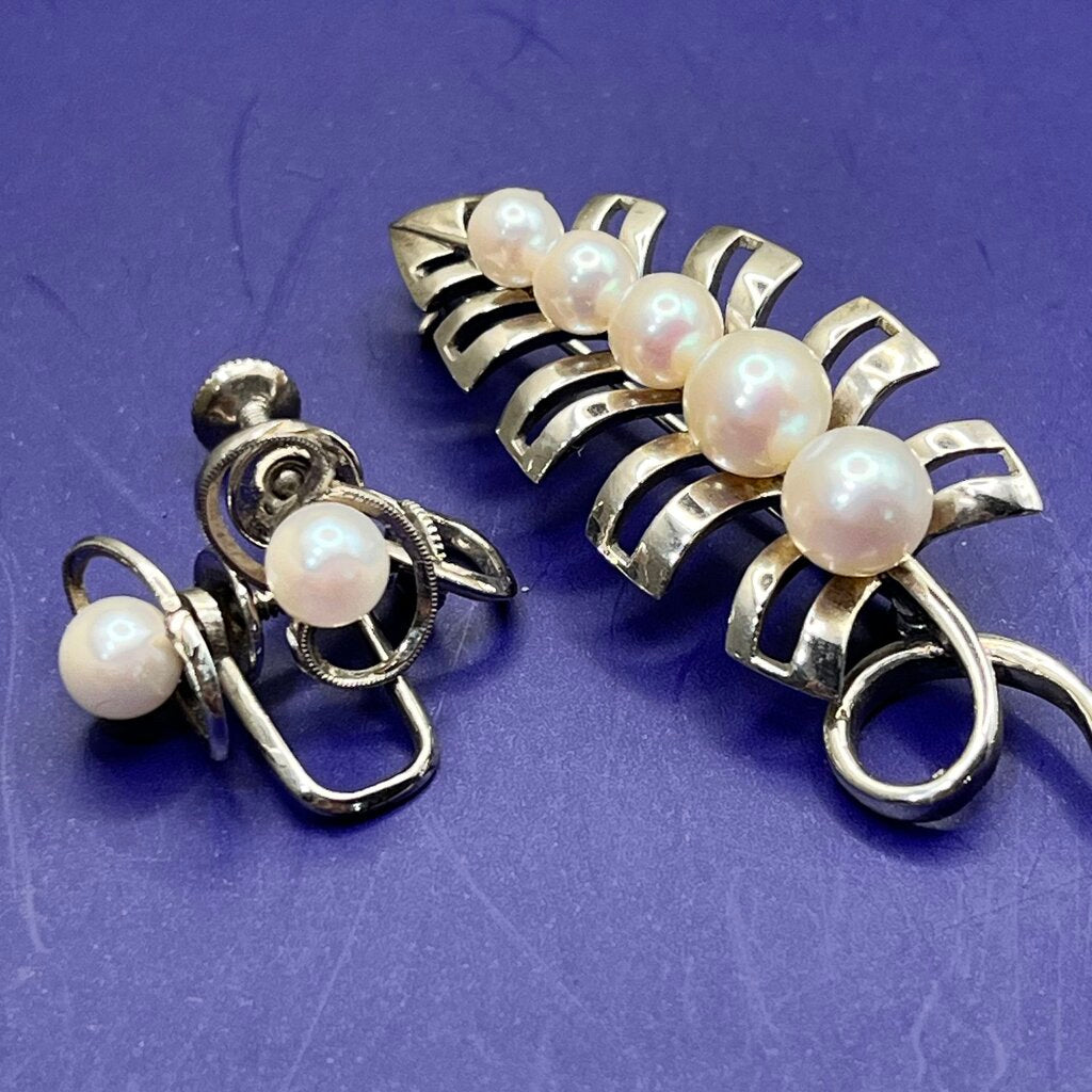 Earrings and Brooch Set, Mikimoto Tokyo, Akoya Pearls and Sterling, Screw Back