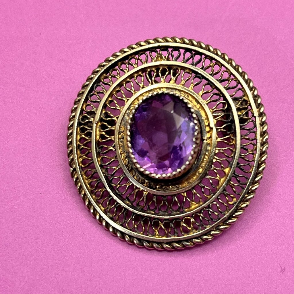 Pendant, Brooch, 935 Silver with Vermeil, Filigree, Amethyst