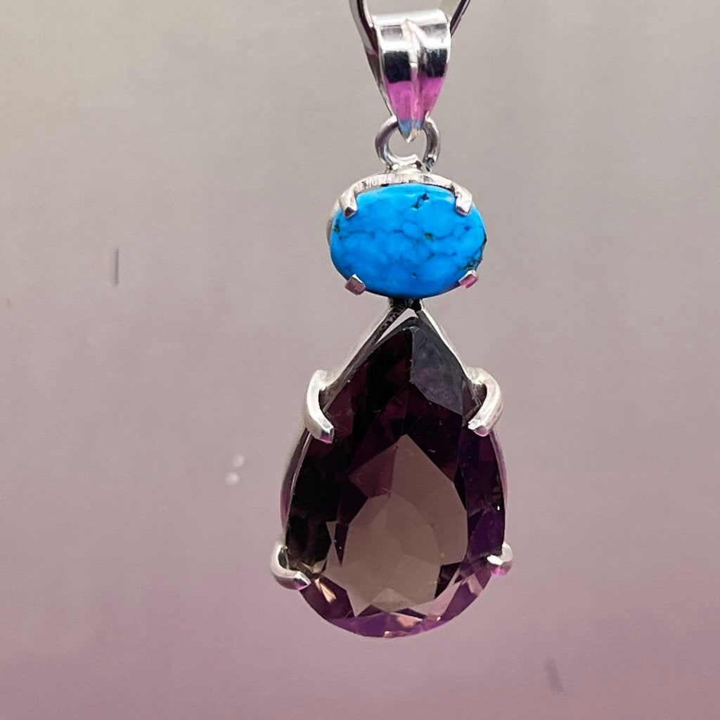 Pendant, Sterling Silver, Turquoise and Smokey Quartz