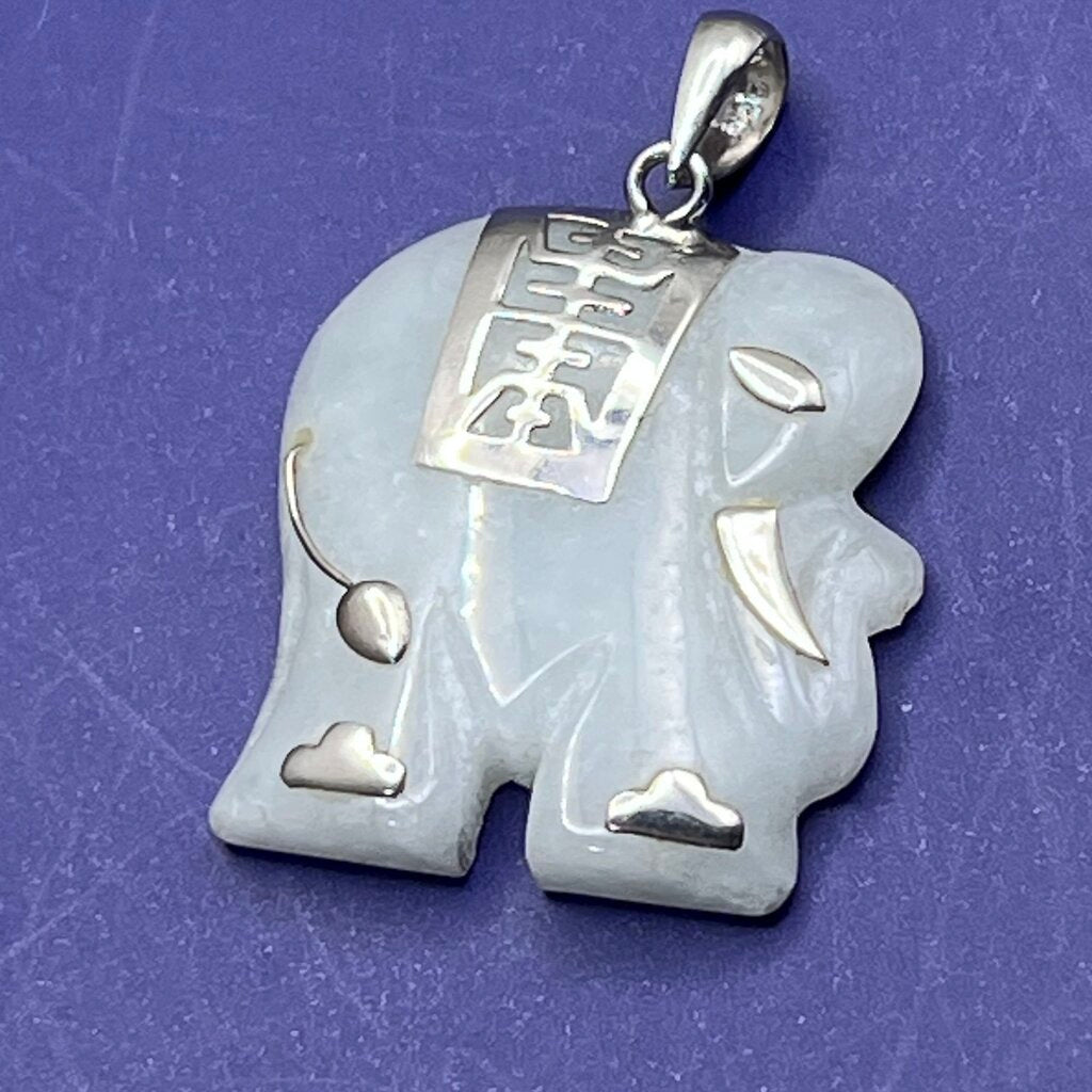 Pendant, Sterling Silver, Jade, Elephant