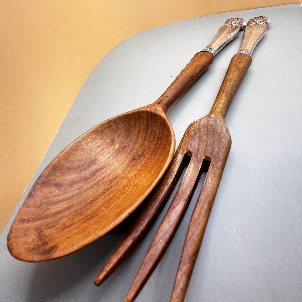 Salad Serving Set, Sterling Silver Handles, Wood Utensils, Royal Family