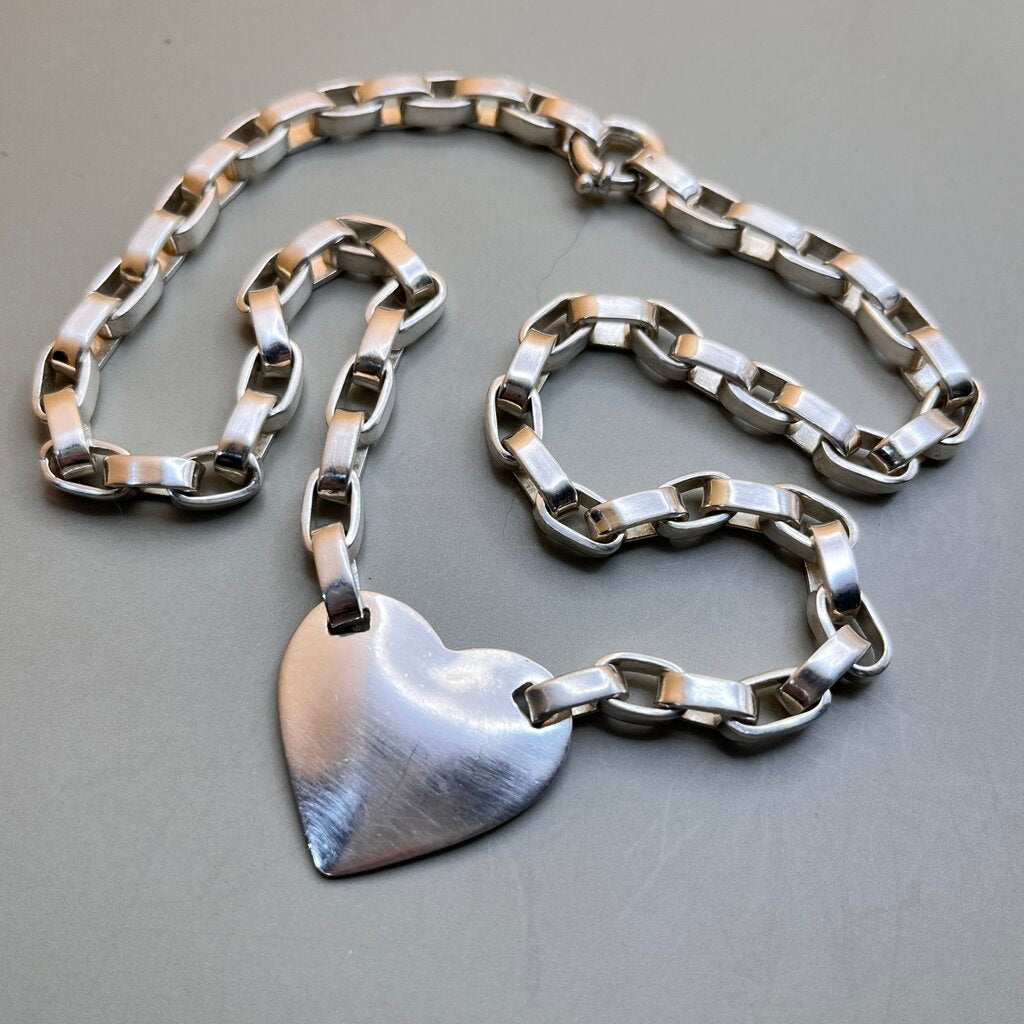 Necklace with Pendant, Sterling Silver, Heart Embedded Pendant, Very Heavy Links, 17 Inches