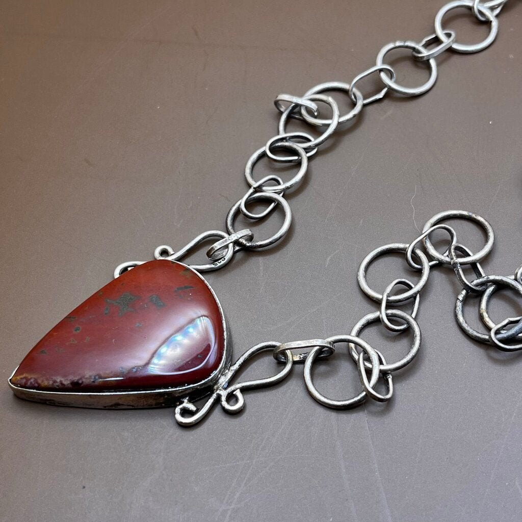 Necklace and Pendant, Sterling Silver, Red Jasper Triangular Bezel Stone in Open Ring Chain, 19 1/2 Inches1