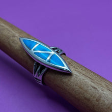 Load image into Gallery viewer, Ring, Sterling Silver, Native American Long Marquis Shape, Turquoise Colored Stones, Size 4 1/2
