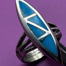Load image into Gallery viewer, Ring, Sterling Silver, Native American Long Marquis Shape, Turquoise Colored Stones, Size 4 1/2
