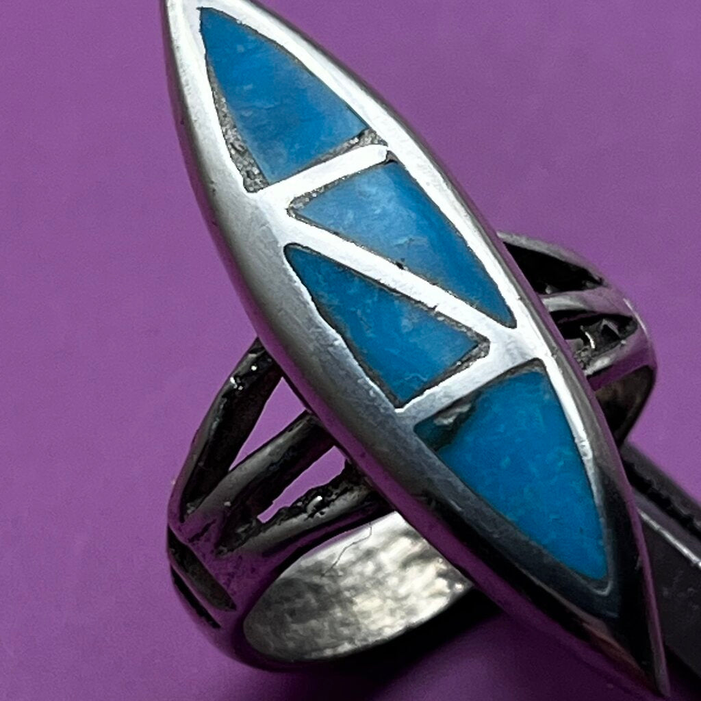 Ring, Sterling Silver, Native American Long Marquis Shape, Turquoise Colored Stones, Size 4 1/2