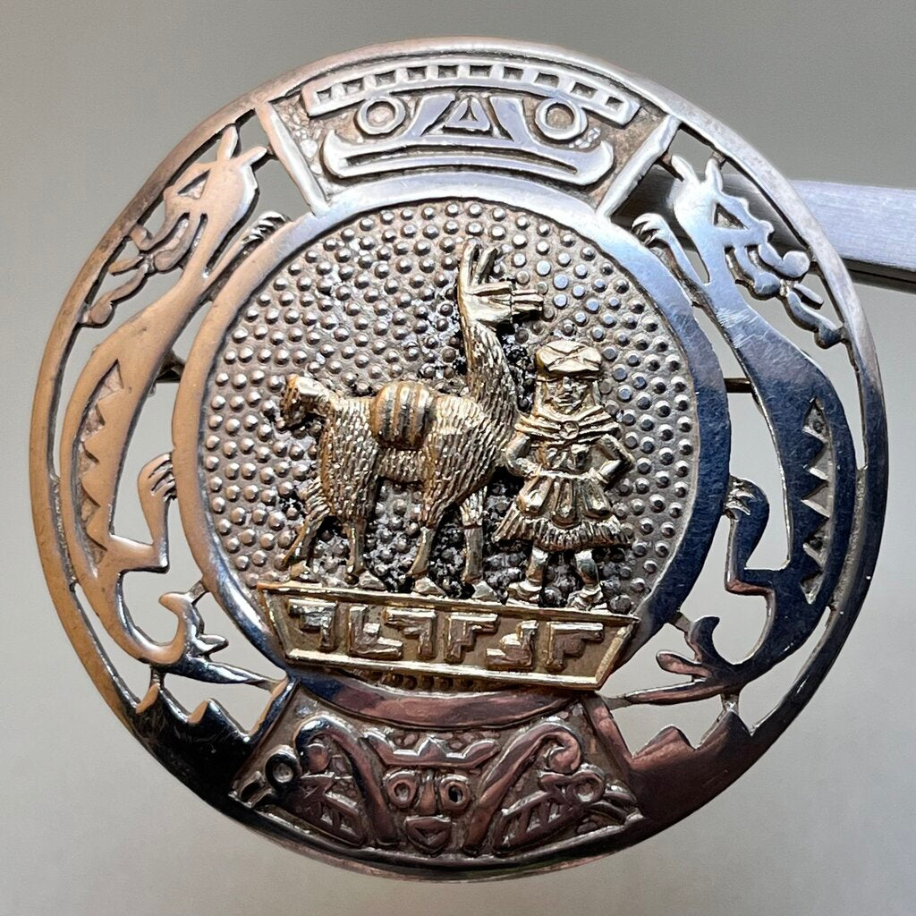 Pendant, Brooch, Sterling Silver with 18K Yellow Gold Accents, Peruvian Llama and Dragons