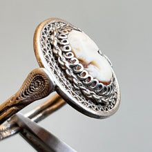 Load image into Gallery viewer, Ring, Sterling Silver, Filigree Abalone Cameo, One half of chain on front missing, Size 6
