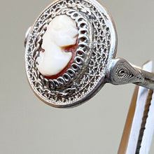 Load image into Gallery viewer, Ring, Sterling Silver, Filigree Abalone Cameo, One half of chain on front missing, Size 6
