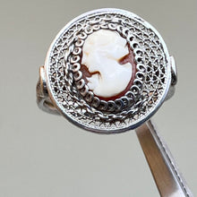 Load image into Gallery viewer, Ring, Sterling Silver, Filigree Abalone Cameo, One half of chain on front missing, Size 6
