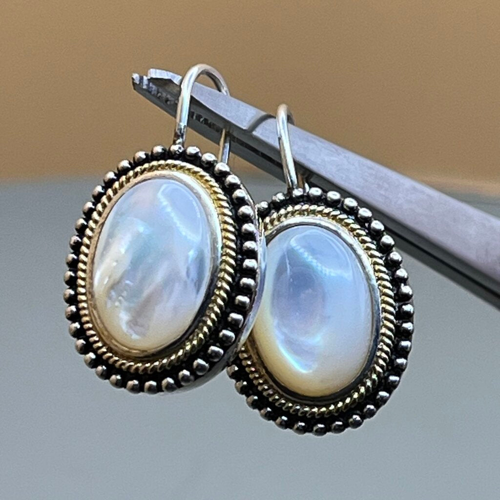 Earrings, Sterling Silver, Mother of Pearl with Gold Vermeil Accents, Leverback