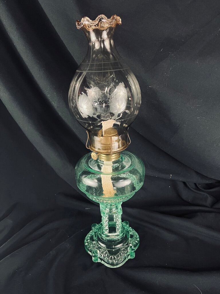 Oil Lamp, 1884 Adams & Co, #85 AQUARIUS, Uranium, Light Teal Color