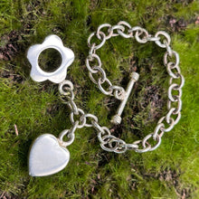 Load image into Gallery viewer, Bracelet, Sterling Silver, Large Link with Flower Toggle and Heart Charm, 6 1/2 inch

