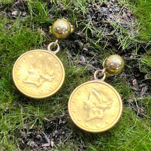 Load image into Gallery viewer, Earrings, 14K Yellow Gold Ball and Post, Coin Replica of 1853 Dollar is Gold Plated Only
