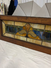 Load image into Gallery viewer, Vintage Stained Glass Blue Cream Green Window Panel in Wood Window Frame
