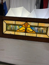 Load image into Gallery viewer, Vintage Stained Glass Blue Cream Green Window Panel in Wood Window Frame
