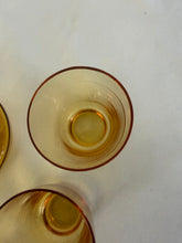 Load image into Gallery viewer, Decanter and Shot Glass Set, 6 Glasses, Amber Glass, MCM with Foot

