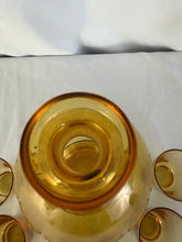 Load image into Gallery viewer, Decanter and Shot Glass Set, 6 Glasses, Amber Glass, MCM with Foot
