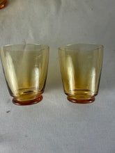 Load image into Gallery viewer, Decanter and Shot Glass Set, 6 Glasses, Amber Glass, MCM with Foot
