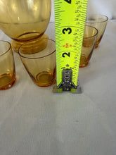 Load image into Gallery viewer, Decanter and Shot Glass Set, 6 Glasses, Amber Glass, MCM with Foot
