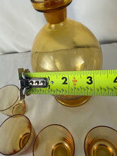 Load image into Gallery viewer, Decanter and Shot Glass Set, 6 Glasses, Amber Glass, MCM with Foot
