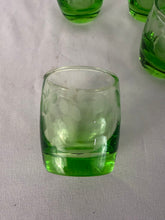 Load image into Gallery viewer, Shot Glass, Set of 4, Green Vaseline Glass, Etched with Grape Pattern

