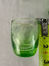 Load image into Gallery viewer, Shot Glass, Set of 4, Green Vaseline Glass, Etched with Grape Pattern
