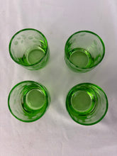 Load image into Gallery viewer, Shot Glass, Set of 4, Green Vaseline Glass, Etched with Grape Pattern
