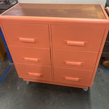 Load image into Gallery viewer, Custom Orange Rolling Cabinet With Mahogany Wood Top
