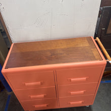 Load image into Gallery viewer, Custom Orange Rolling Cabinet With Mahogany Wood Top
