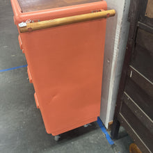 Load image into Gallery viewer, Custom Orange Rolling Cabinet With Mahogany Wood Top

