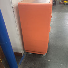 Load image into Gallery viewer, Custom Orange Rolling Cabinet With Mahogany Wood Top

