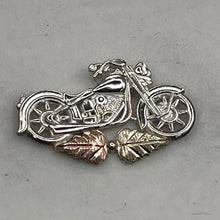 Load image into Gallery viewer, Lapel Pin, Sterling Silver, Black Hills Gold Leaves, Motorcycle
