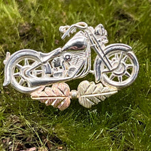 Load image into Gallery viewer, Lapel Pin, Sterling Silver, Black Hills Gold Leaves, Motorcycle
