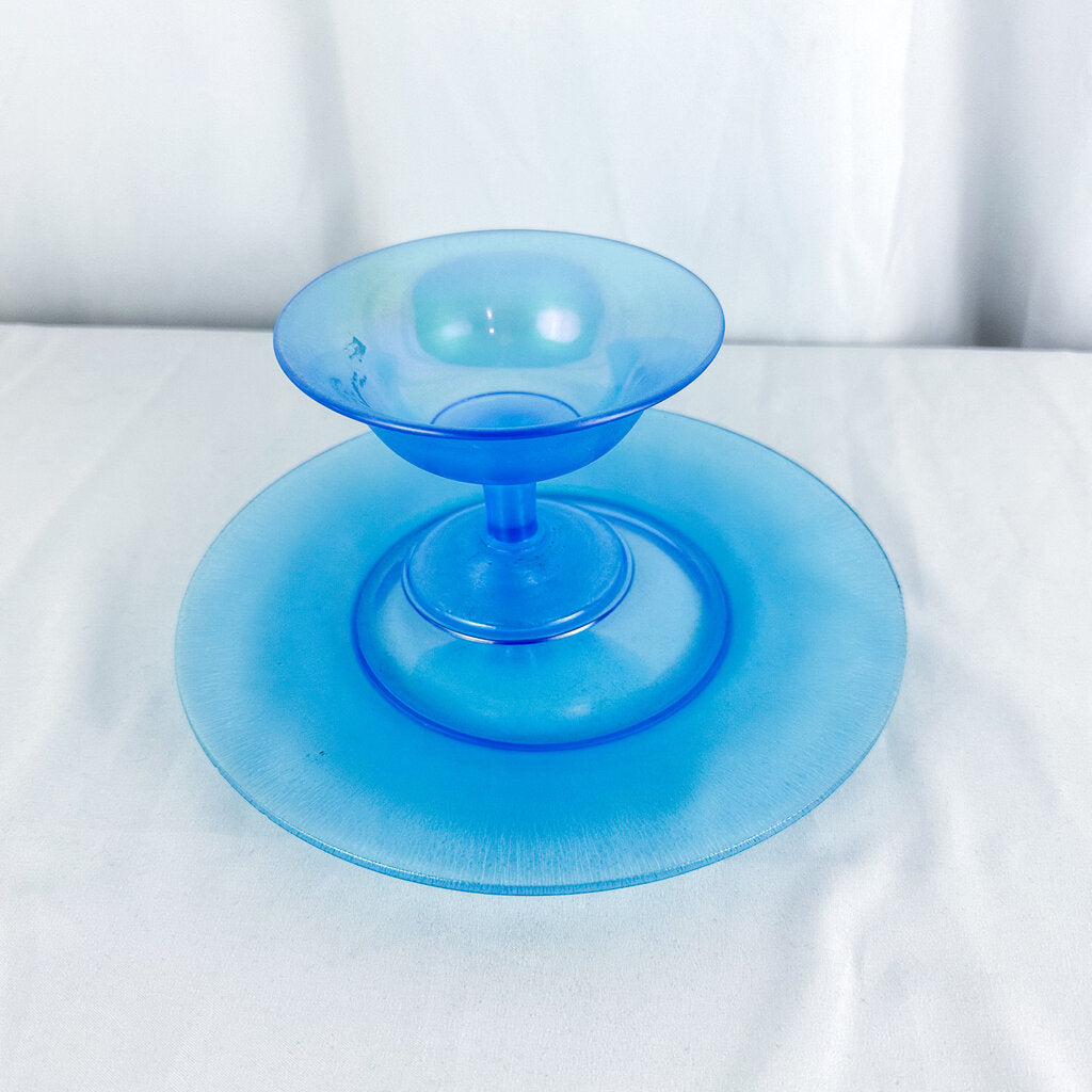 Vintage Fenton Celeste Blue Stretch Sherbet Cup and Cake Plate Set