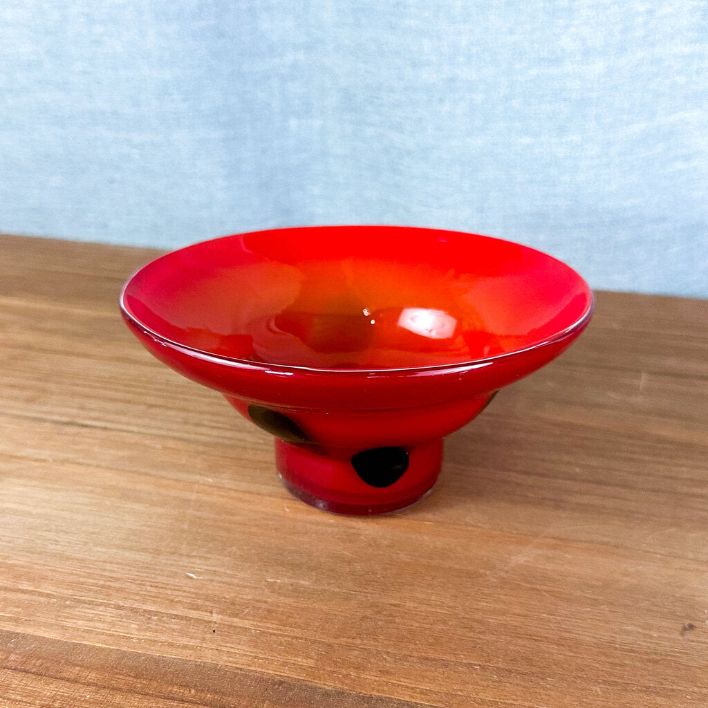 Vintage Murano Italy Style Orange-Red Black Dot Art Glass Bowl