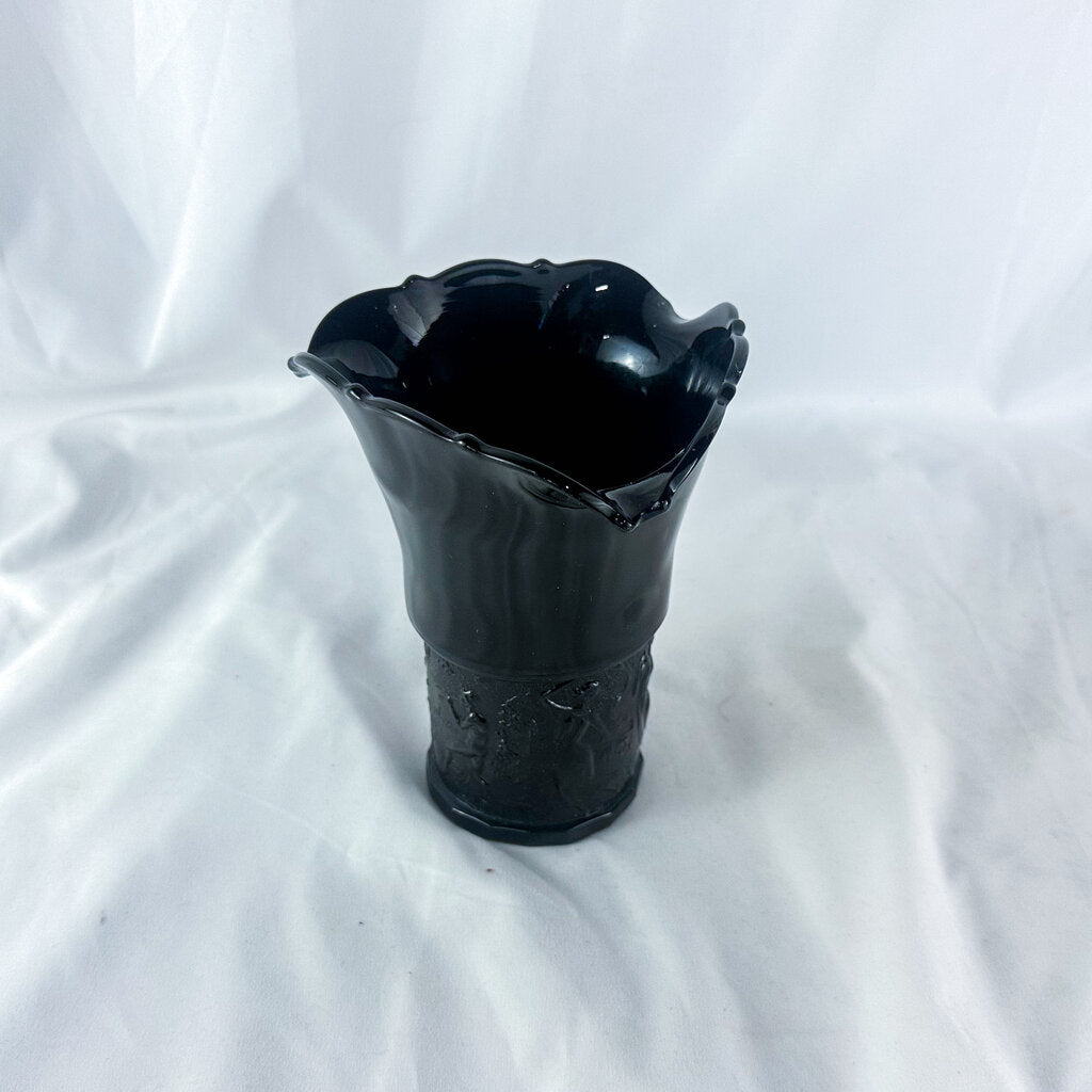 1937 LE Smith Black Amethyst 3-Corner Embossed Dancing Nymphs Glass Vase