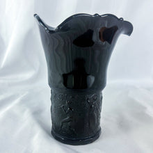 Load image into Gallery viewer, 1937 LE Smith Black Amethyst 3-Corner Embossed Dancing Nymphs Glass Vase
