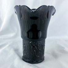 Load image into Gallery viewer, 1937 LE Smith Black Amethyst 3-Corner Embossed Dancing Nymphs Glass Vase
