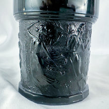 Load image into Gallery viewer, 1937 LE Smith Black Amethyst 3-Corner Embossed Dancing Nymphs Glass Vase
