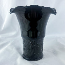 Load image into Gallery viewer, 1937 LE Smith Black Amethyst 3-Corner Embossed Dancing Nymphs Glass Vase
