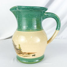 Load image into Gallery viewer, 1989 Teal &amp; Beige Stoneware Barn Pitcher by Eugene Winton
